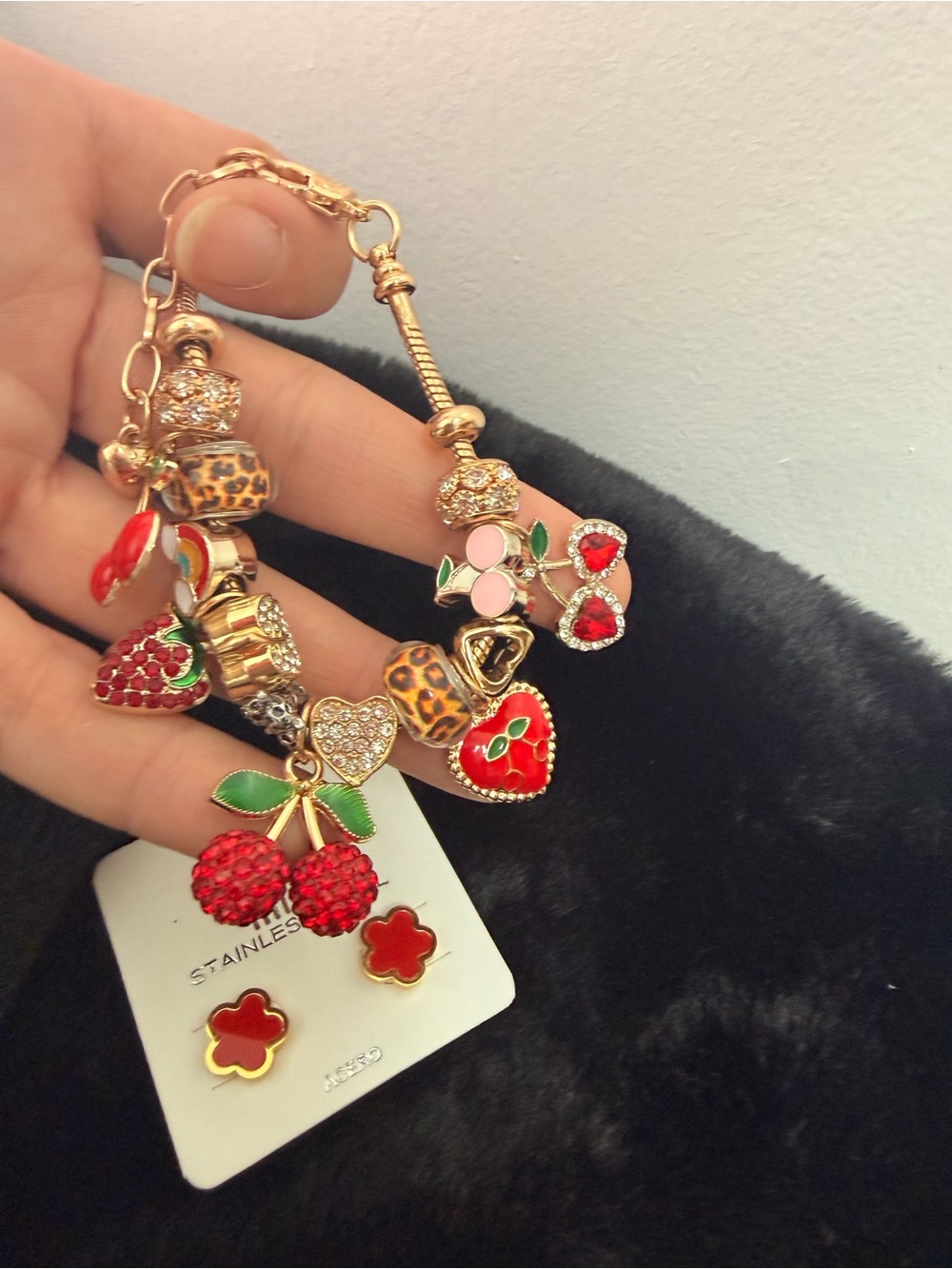 Gold-Tone Red Cherry & Heart Charm Bracelet and Red Clover Earnings Set!